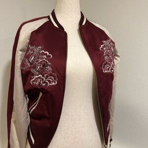 Chinese floral embroidered silk burgundy bomber two toned jacket M